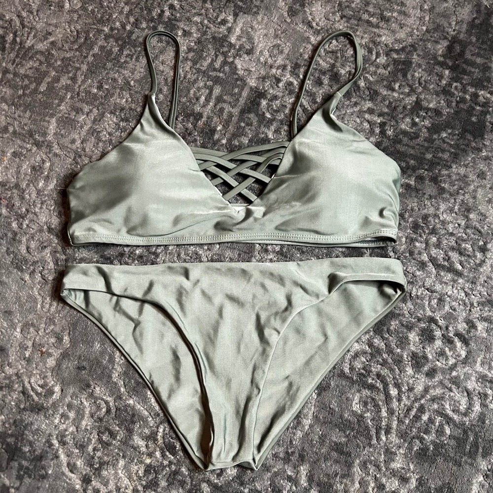 Sage Green Lattice Front Bikini Set Strappy‎ V-Neck Two Piece Swimsuit Large